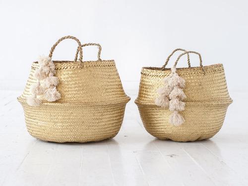 Gold Seagrass Basket with Wool Tassels